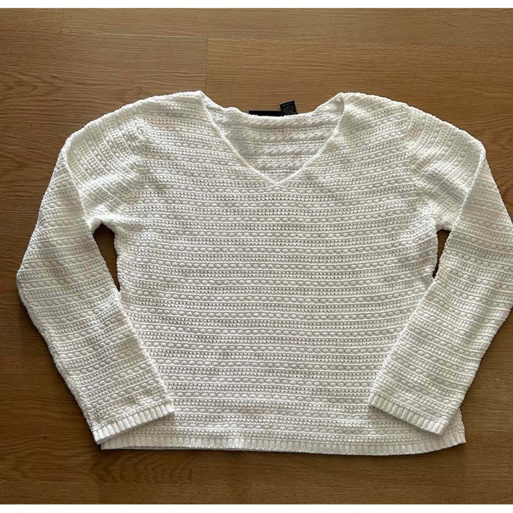 Womens White 100% Cotton Crochet Knit V-Neck Long Sleeve Sweater L Summer Beach